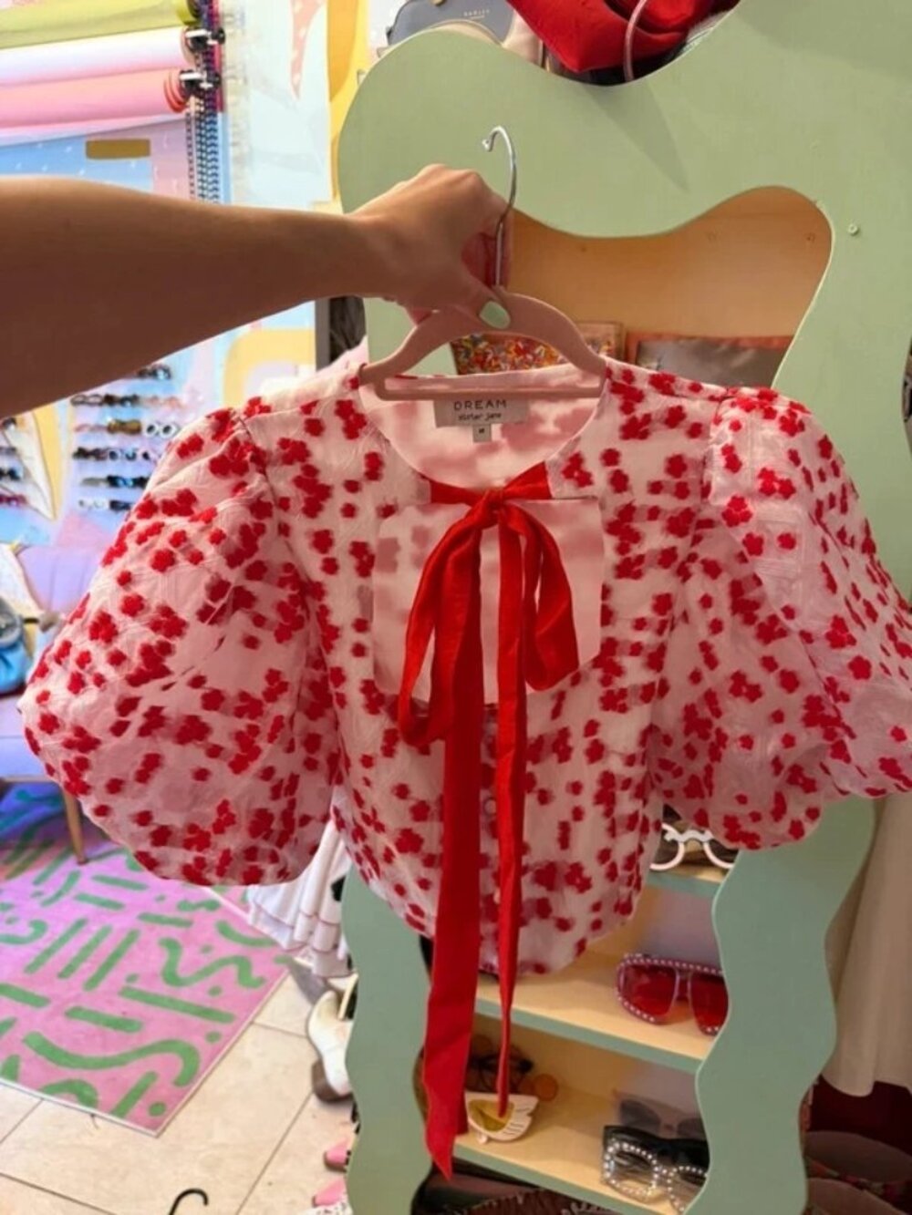 Dream Sister Jane Sakura Jacquard Top in red floral pattern size medium